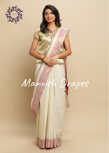 Load image into Gallery viewer, Plain Tissue Kerala Kasavu Pure Cotton Saree with Zari Tissue Border (PINK)