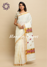 Load image into Gallery viewer, Kerala Kasavu Pure Cotton Saree with Zari Checks all over ,Tissue Border and Woven Pallu(MAROON)