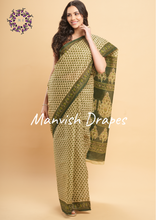 Load image into Gallery viewer, Mul Mul Pure Cotton Saree with Block Prints (GREEN)