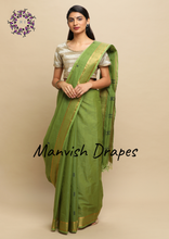 Load image into Gallery viewer, Kanchi Cotton Sarees with Buttas all over and Zari Tissue Borders on both sides (CHUTNEY GREEN)