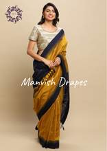 Load image into Gallery viewer, Gadwal Silk Cotton Sarees with Plain body all over and Contrast Temple Borders on both sides (MUSTARD NAVY BLUE COMBINATION)