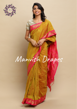 Load image into Gallery viewer, Gadwal Silk Cotton Sarees with Zari Buttas all over and Contrast Borders on both sides (MUSTARD RANI COMBINATION)
