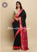 Load image into Gallery viewer, Gadwal Silk Cotton Sarees with Zari Buttas all over and Contrast Borders on both sides (BLACK RANI COMBINATION)