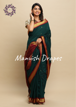 Load image into Gallery viewer, Gadwal Silk Cotton Sarees with Zari Buttas all over and Contrast Borders on both sides (BOTLE GREEN COMBINATION)
