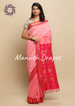 Load image into Gallery viewer, Gadwal Silk Cotton Sarees with Zari Buttas all over and Contrast Borders on both sides (PINK RANI COMBINATION)