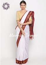 Load image into Gallery viewer, Gadwal Silk Cotton Sarees with Zari Buttas all over and Contrast Borders on both sides (WHITE MAROON COMBINATION)