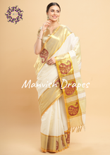 Load image into Gallery viewer, Plain Kerala Kasavu Pure Cotton Saree with Tissue Woven Border (MAROON BUTTA)