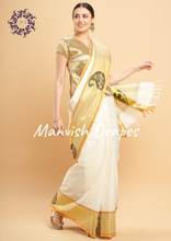 Load image into Gallery viewer, Plain Kerala Kasavu Pure Cotton Saree with Tissue Woven Border (BLACK BUTTA)