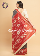 Load image into Gallery viewer, Mul Mul Pure Cotton Saree with Ikat Prints all over (GREY-RED COMBINATION-ELEPHANT)