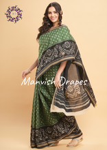 Load image into Gallery viewer, Mul Mul Pure Cotton Saree with Ikat Prints all over (GREEN-BLACK COMBINATION)