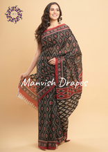 Load image into Gallery viewer, Mul Mul Pure Cotton Saree with Ikat Prints all over (BLACK PATOLA)
