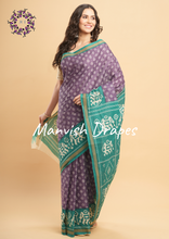 Load image into Gallery viewer, Mul Mul Pure Cotton Saree with Ikat Prints all over (LAVENDER-SEA GREEN COMBINATION)