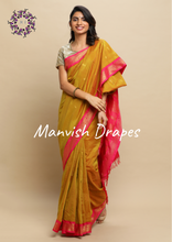 Load image into Gallery viewer, Gadwal Silk Cotton Sarees with Zari Buttas all over and Contrast Borders on both sides (MUSTARD RANI COMBINATION)