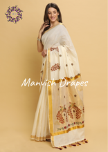 Load image into Gallery viewer, Kerala Kasavu Pure Cotton Saree with Peacock Embroidery (BOTTLE GREEN-MAROON COMBINATION)