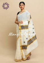 Load image into Gallery viewer, Kerala Kasavu Pure Cotton Saree with Zari Checks all over ,Tissue Border and Woven Pallu(BLACK)