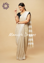 Load image into Gallery viewer, Kerala Kasavu Pure Cotton- Tussar Blend saree with Thread Pallu and Thread Border