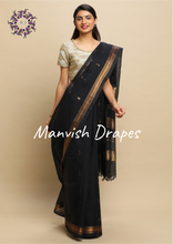 Load image into Gallery viewer, Kanchi Cotton Sarees with Buttas all over and Zari Tissue Borders on both sides (BLACK WITH ZARI BUTTAS)