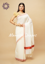 Load image into Gallery viewer, Plain Kerala Kasavu Pure Cotton Saree with Tassels (COPPER ZARI)