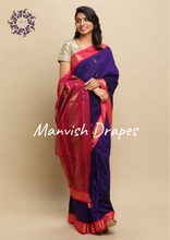 Load image into Gallery viewer, Gadwal Silk Cotton Sarees with Zari Buttas all over and Contrast Borders on both sides (VIOLET RANI COMBINATION)