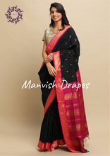 Load image into Gallery viewer, Gadwal Silk Cotton Sarees with Zari Buttas all over and Contrast Borders on both sides (BLACK RANI COMBINATION)