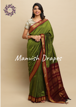 Load image into Gallery viewer, Gadwal Silk Cotton Sarees with Zari Buttas all over and Contrast Borders on both sides (CHUTNEY GREEN MAROON COMBINATION)