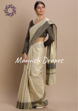 Load image into Gallery viewer, Plain Tissue Kerala Kasavu Pure Cotton Saree with Zari Tissue Border (BLACK)