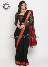 Load image into Gallery viewer, Gadwal Silk Cotton Sarees with Plain body all over and Contrast Borders on both sides (BLACK MAROON COMBINATION)