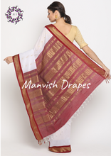 Load image into Gallery viewer, Gadwal Silk Cotton Sarees with Zari Buttas all over and Contrast Borders on both sides (WHITE MAROON COMBINATION)