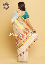 Load image into Gallery viewer, Kerala Kasavu Pure Cotton Saree with Peacock Embroidery (SEA GREEN-PINK COMBINATION)