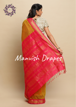 Load image into Gallery viewer, Gadwal Silk Cotton Sarees with Zari Buttas all over and Contrast Borders on both sides (MUSTARD RANI COMBINATION)