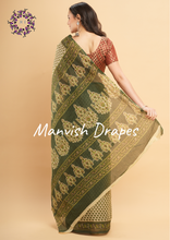 Load image into Gallery viewer, Mul Mul Pure Cotton Saree with Block Prints (GREEN)