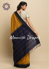 Load image into Gallery viewer, Gadwal Silk Cotton Sarees with Plain body all over and Contrast Temple Borders on both sides (MUSTARD NAVY BLUE COMBINATION)