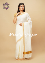 Load image into Gallery viewer, Plain Kerala Kasavu Pure Cotton Saree with Tassels (GOLD ZARI)