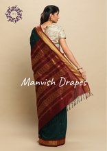 Load image into Gallery viewer, Gadwal Silk Cotton Sarees with Zari Buttas all over and Contrast Borders on both sides (BOTLE GREEN COMBINATION)