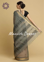 Load image into Gallery viewer, Kanchi Cotton Sarees with Buttas all over and Zari Tissue Borders on both sides (GREY)