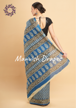 Load image into Gallery viewer, Mul Mul Pure Cotton Saree with Block Prints (BLUE)