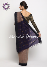 Load image into Gallery viewer, Gadwal Silk Cotton Sarees with Plain body all over and Contrast Temple Borders on both sides (TUSSAR NAVY BLUE COMBINATION)