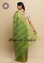 Load image into Gallery viewer, Kanchi Cotton Sarees with Buttas all over and Zari Tissue Borders on both sides (CHUTNEY GREEN)