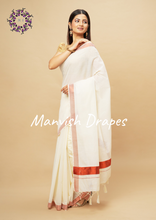 Load image into Gallery viewer, Plain Kerala Kasavu Pure Cotton Saree with Tassels (COPPER ZARI)