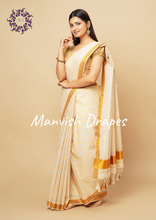Load image into Gallery viewer, Kerala Kasavu Pure Cotton Saree with Zari stripes body (GOLD ZARI)