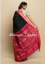 Load image into Gallery viewer, Gadwal Silk Cotton Sarees with Zari Buttas all over and Contrast Borders on both sides (BLACK RANI COMBINATION)