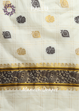 Load image into Gallery viewer, Kerala Kasavu Pure Cotton Saree with Zari Checks all over ,Tissue Border and Woven Pallu(BLACK)