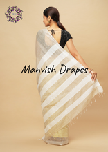 Load image into Gallery viewer, Kerala Kasavu Pure Cotton- Tussar Blend saree with Thread Pallu and Thread Border