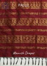 Load image into Gallery viewer, Gadwal Silk Cotton Sarees with Zari Buttas all over and Contrast Borders on both sides (CHUTNEY GREEN MAROON COMBINATION)