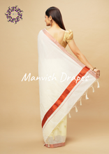 Load image into Gallery viewer, Plain Kerala Kasavu Pure Cotton Saree with Tassels (COPPER ZARI)