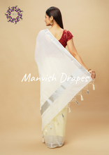 Load image into Gallery viewer, Plain Kerala Kasavu Pure Cotton Saree with Tassels (SILVER ZARI)