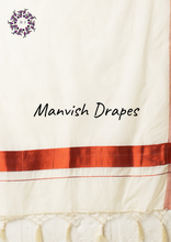 Load image into Gallery viewer, Plain Kerala Kasavu Pure Cotton Saree with Tassels (COPPER ZARI)