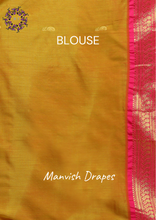 Load image into Gallery viewer, Gadwal Silk Cotton Sarees with Zari Buttas all over and Contrast Borders on both sides (MUSTARD RANI COMBINATION)