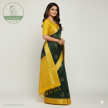 Load image into Gallery viewer, Banaras Georgette Saree with Paisley Buttis all over with Contrast Border,Paluu and Blouse- Bottle Green