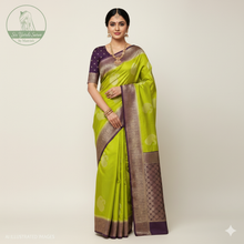 Load image into Gallery viewer, Banaras Georgette Saree with Paisley Buttis all over with Contrast Border,Paluu and Blouse- Mehendi